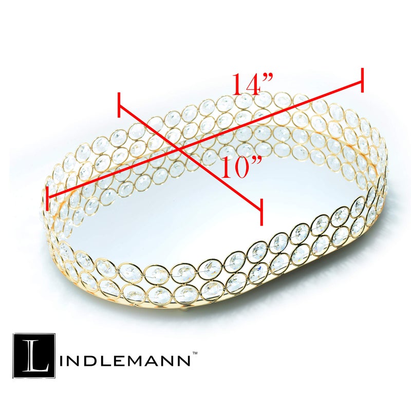 LINDLEMANN Crystal Vanity Tray Decorative Mirrored Dresser Perfume Trays for Makeup Cosmetic Storage Jewelry Trinket Storage Organizer for Bathroom Countertop Home DÃ©cor (Oval, 14x10in, Gold) - Image 2